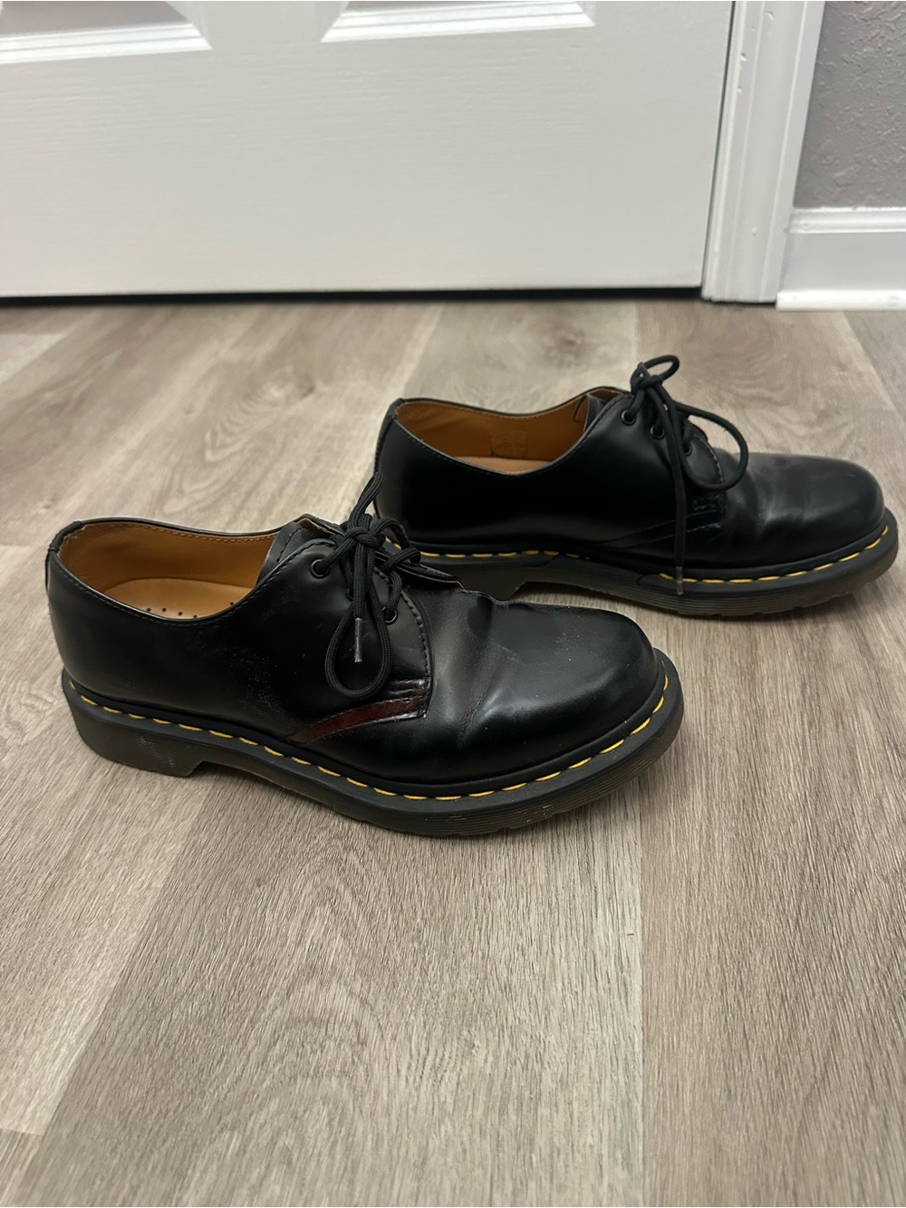 Dr. Martens Black Leather Derby Shoes with Yellow Stitching
